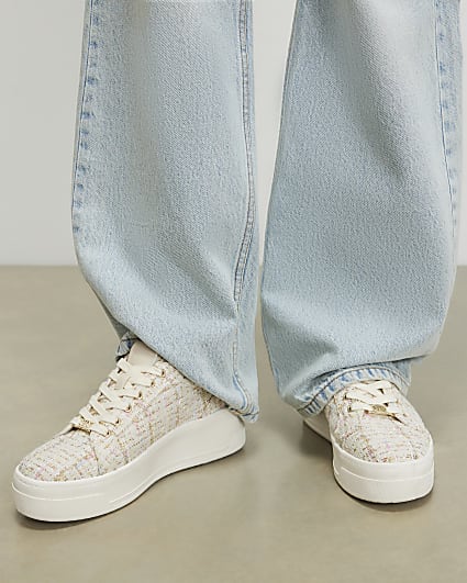 Beige Boucle Platform Trainers