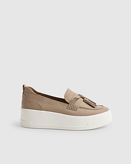 Beige Faux Suede Platform Tassel Trainers