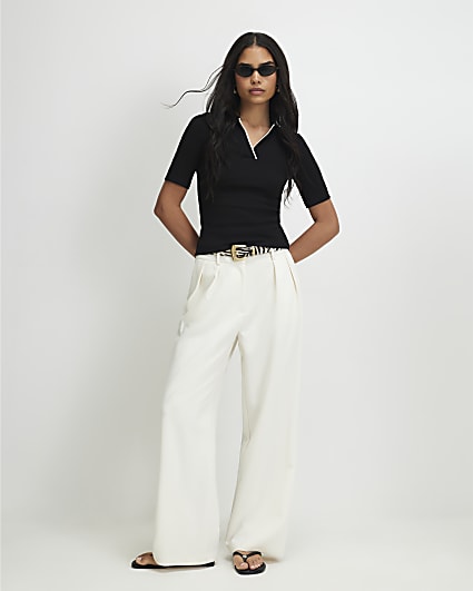 Black Ribbed Polo Top