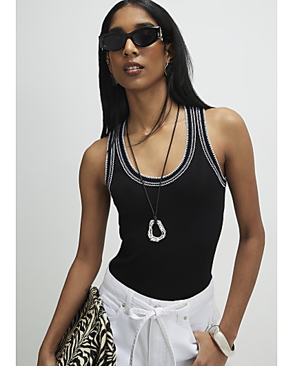 Black Cotton Blend Whipstitch Tank Top