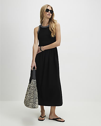 Black Sleeveless Whipstitch Midi Dress