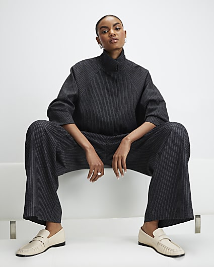 Grey Pinstripe Funnel Neck Bomber Jacket