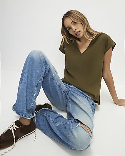 Khaki Short Sleeve V Neck Top