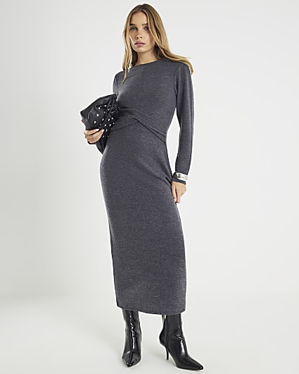 Grey Long Sleeve Cosy Twist Front Midi Dress