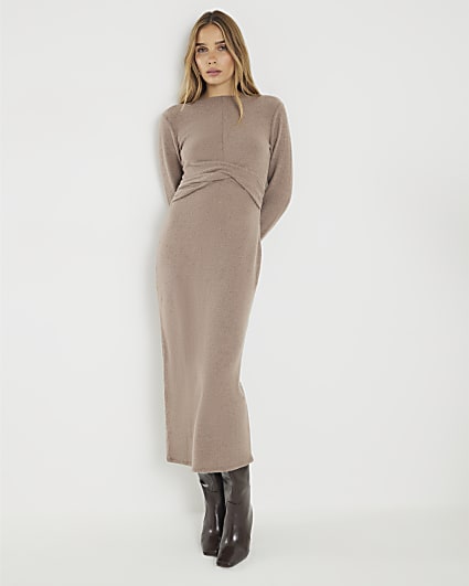 Brown Cosy Twist Front Midi Dress