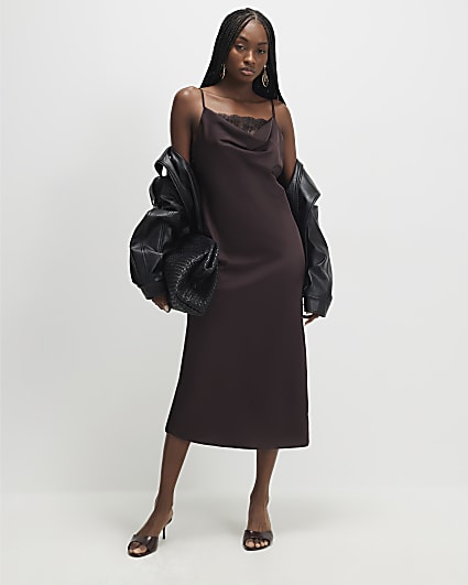 Brown Satin Cowl Neck Lace Trim Midi Dress