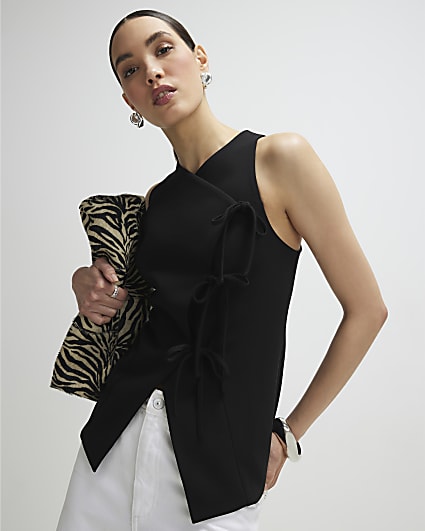 Black Asymmetric Bow Tie Front Waistcoat