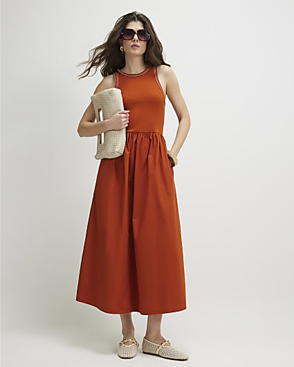 Orange Sleeveless Whipstitch Maxi Dress