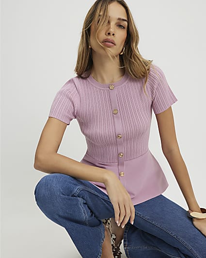 Pink Peplum Ribbed Knitted Top