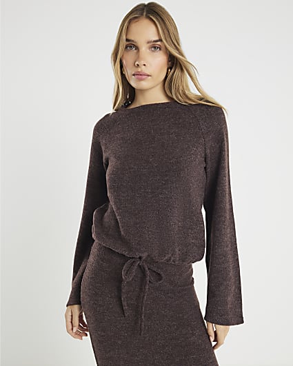 Brown Cosy Long Sleeve Bubble Hem Top