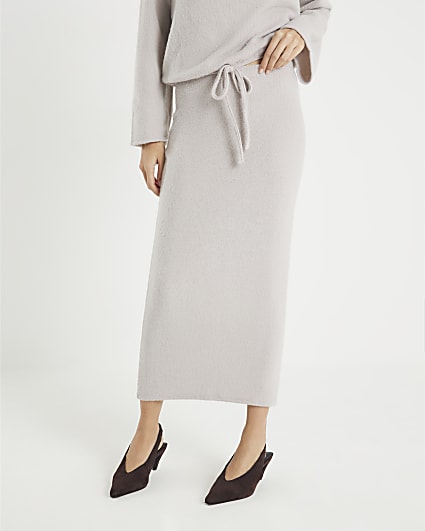 Beige Cosy Ribbed Midi Skirt