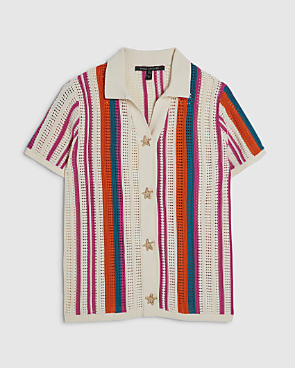 Petite Cream Striped Crochet Shirt