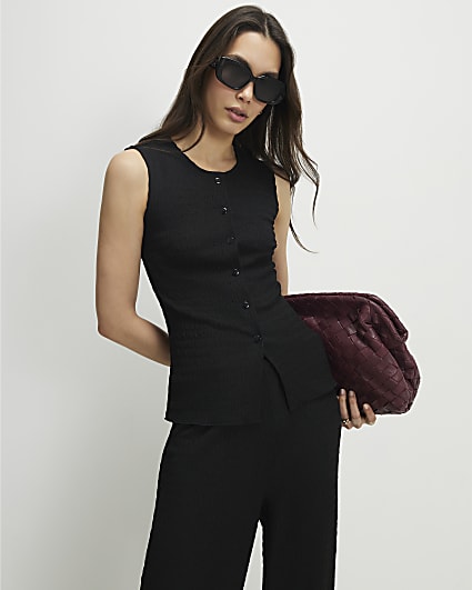 Black Textured Button Through Sleeveless Top