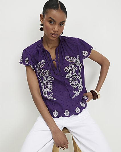 Purple Cotton Broderie Tie Neck Blouse