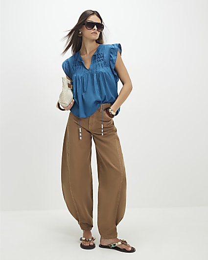 Blue Shirred Tie Neck Top