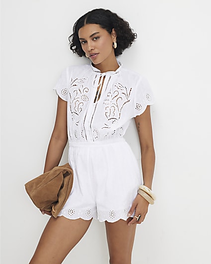 White Cotton Broderie Cutwork Playsuit