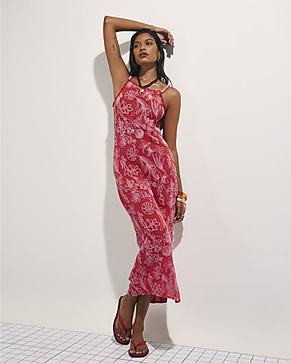 Red Shell Embroidered Crochet Maxi Dress
