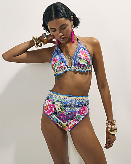 Purple Crochet Trim Floral Bikini Bottoms