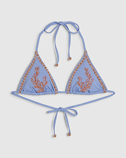 Blue Coral Print Beaded Bikini Top