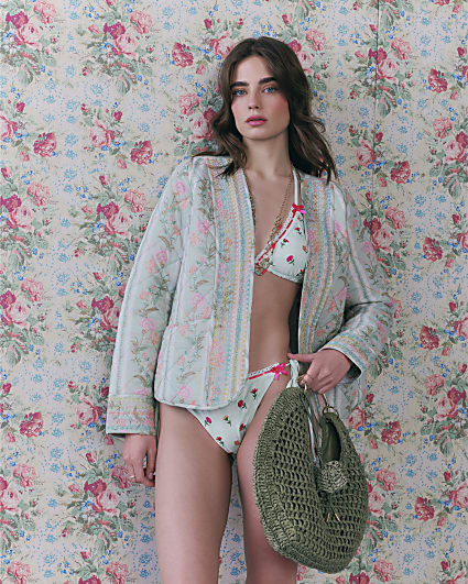 Green Tie Side Floral Lace Trim Bikini Brief