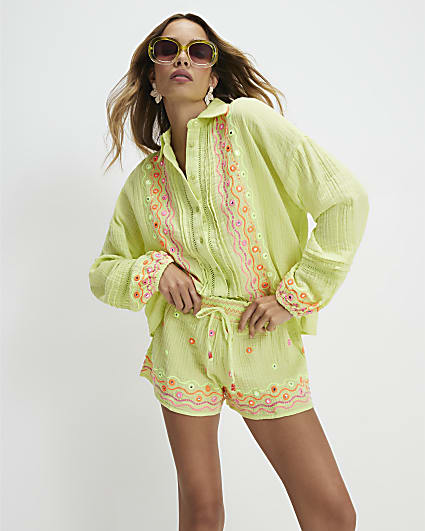Green Cotton Mirror Embroidered Shorts