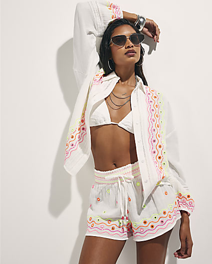 Cream Cotton Mirror Embroidered Shorts