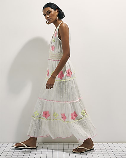 Cream Floral Embellished Maxi Dress