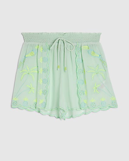 Green Chiffon Embroidered Shorts