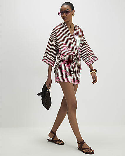 Brown Stripe Embroidered Toucan Shorts