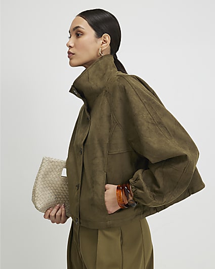 Khaki Faux Suede Drawstring Hem Bomber Jacket