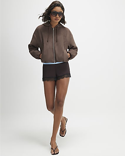 Brown Faux Suede Hooded Jacket