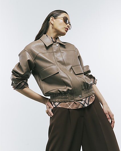 Beige Textured Faux Leather Bomber Jacket