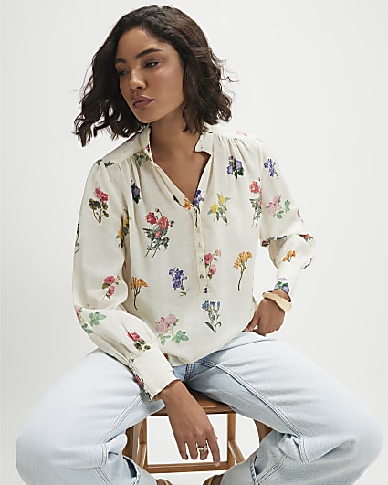 Cream Floral Long Sleeve Blouse