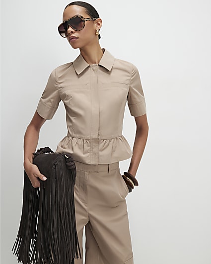 Beige Cotton Blend Utility Peplum Shirt