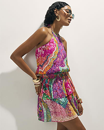 Pink Halter Shirred Waist Mini Dress