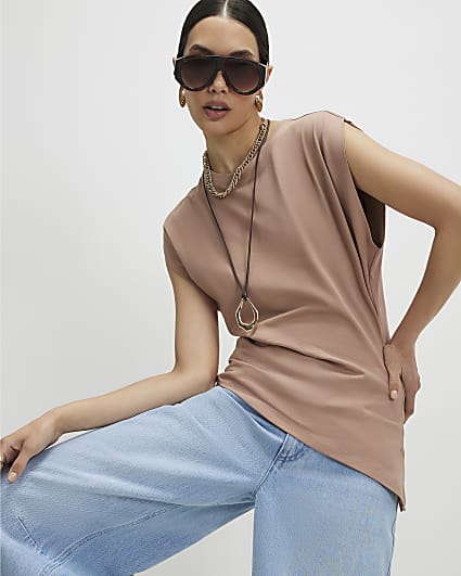 Brown Ruched Side Grown On Sleeve T-shirt