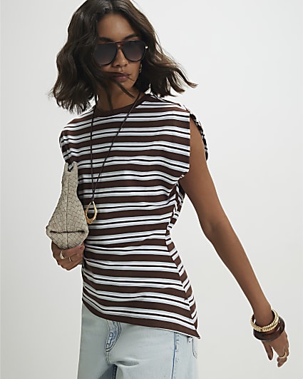Brown Ruched Side Stripe T-shirt