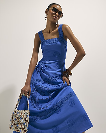 Blue Strappy Cutwork Maxi Dress