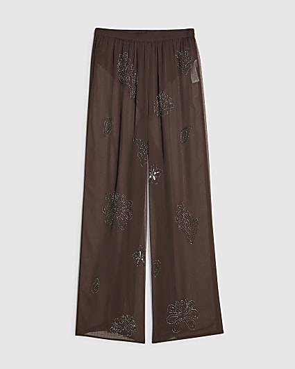 Brown Embellished Wide Leg Beach Trousers