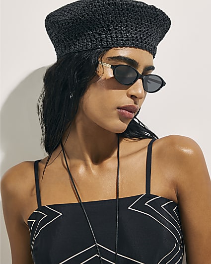 Black Slim Oval Gold Temple Sunglasses