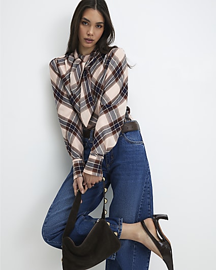 Pink Check Print Long Sleeve Blouse