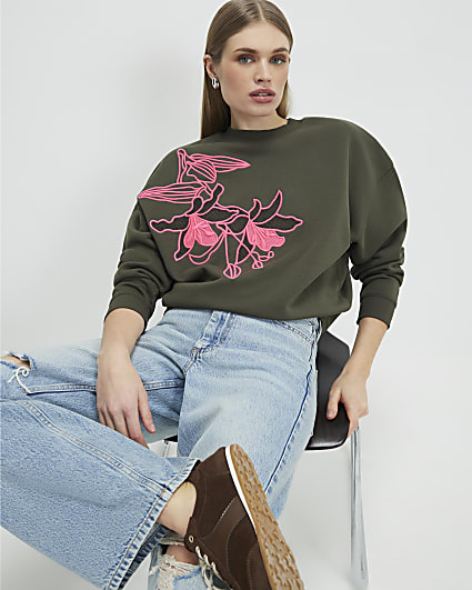 Khaki Contrast Embroidered Floral Sweatshirt