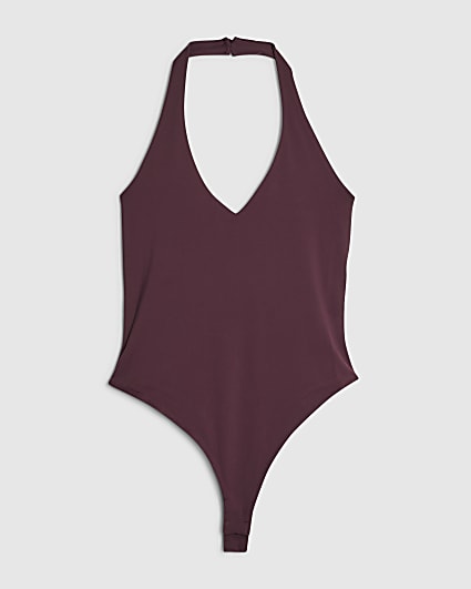 Petite Red Sleeveless Halter Bodysuit