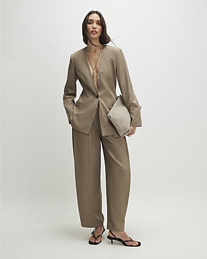 Beige Cross Hatch Barrel Trousers