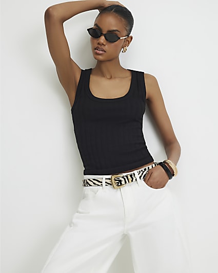 Black Cotton Blend Rib Square Neck Tank Top
