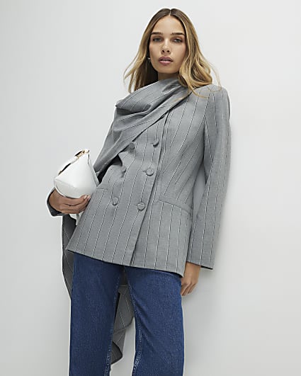 Grey Striped Double Breasted Cape Blazer
