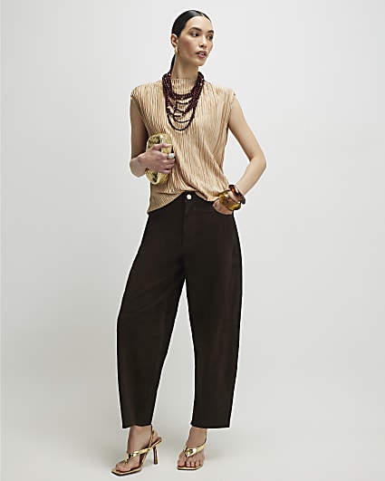 Beige Sleeveless Plisse Top