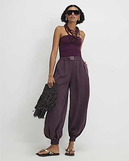 Red Belted Cuffed Hem Barrel Leg Jeans