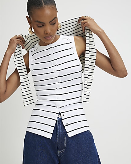 Black Cotton Blend Stripe Popper Tank Top