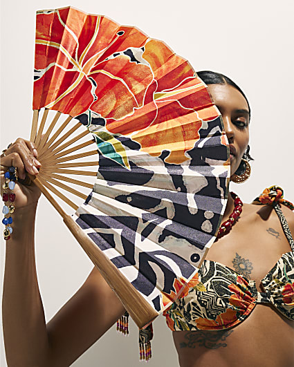 Orange Floral Hand Fan